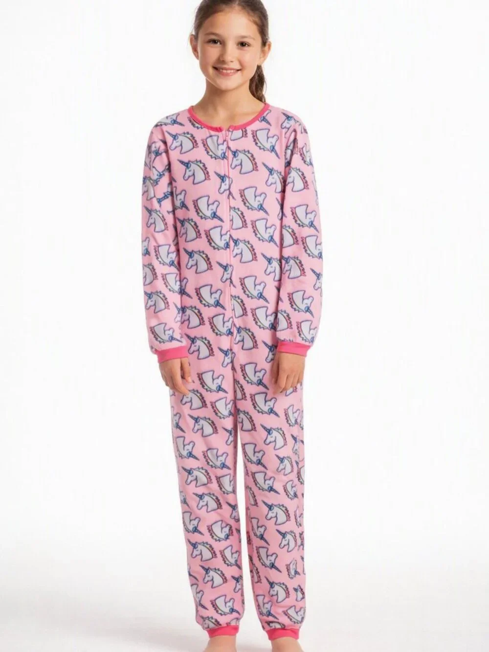 Arizona Jean Co Girls One Piece Pajama Suit Pink Unicorn Fleece Zip Large 14